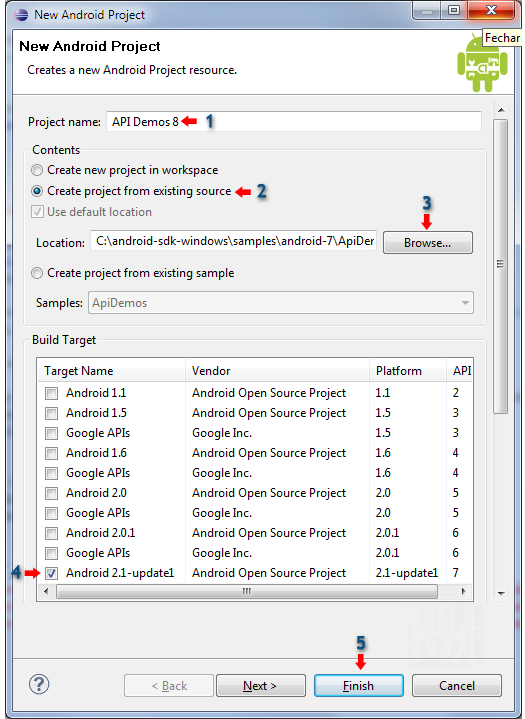 Android - Creating the API Demos project Creating the API Demos dialog