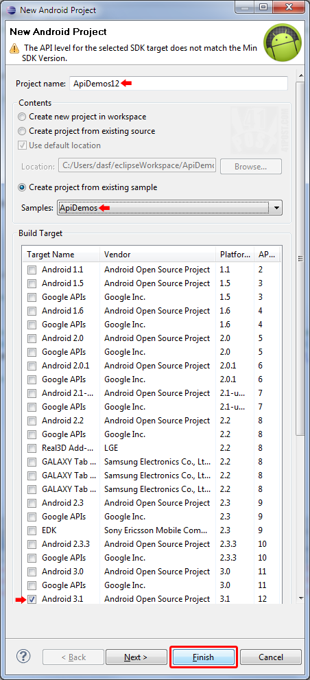 Screenshot of the API Demos 12 project creation.