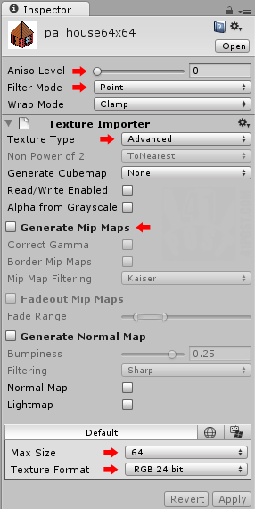 Texture Importer settings for pixel art rendering