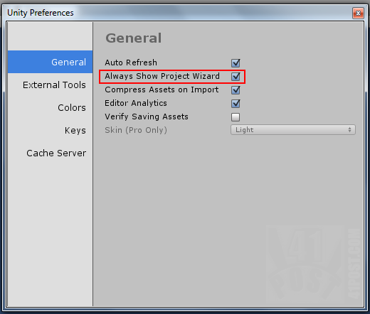Unity Preferences - Always Show Project Wizard