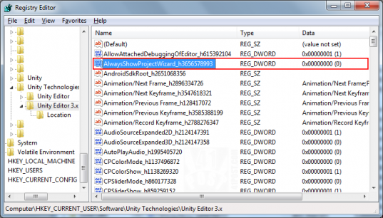 Windows Registry Editor - Unity Settings