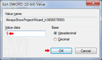 Defining the Registry 'AlwaysShowProjectWizard' value to one