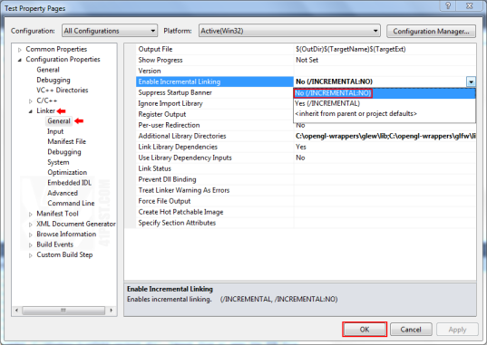 Visual C++ Express: changing the incremental linking option