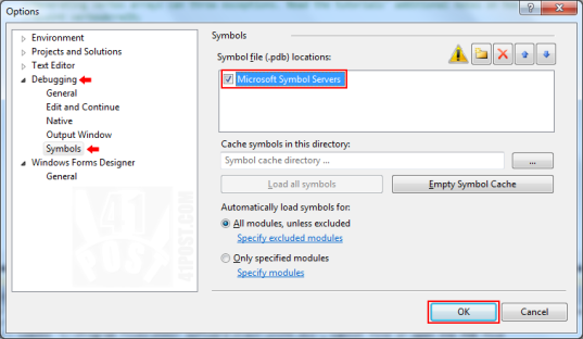 Enabling the option that will download the PDB symbols from Microsoft's servers