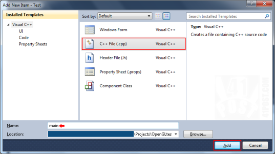 Visual C++ Express: creating a C++ (.cpp) file, file creation dialoog