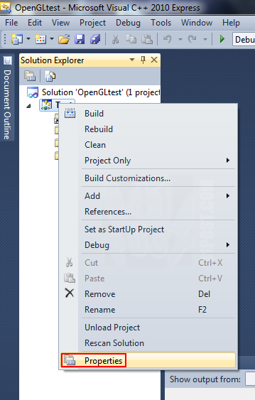  Visual C++ Express: opening the project's properties
